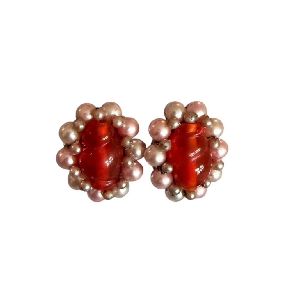 Vintage Red Cabochon Clip On Earrings with Pink Pearl Accents | Kentucky Derby
